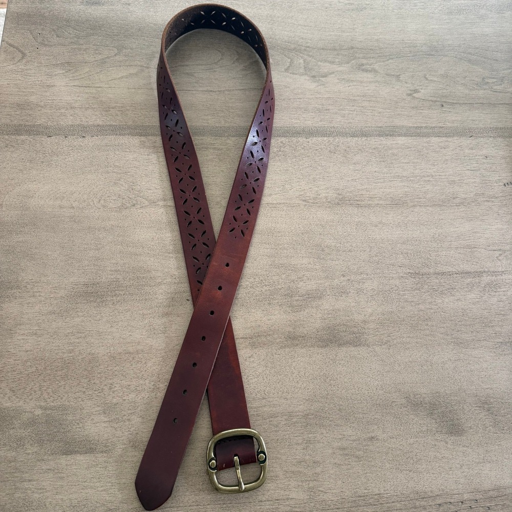 Mahogany Brown Perforated Supple Leather Belt Brass Buckle Floral Cutout Boho L